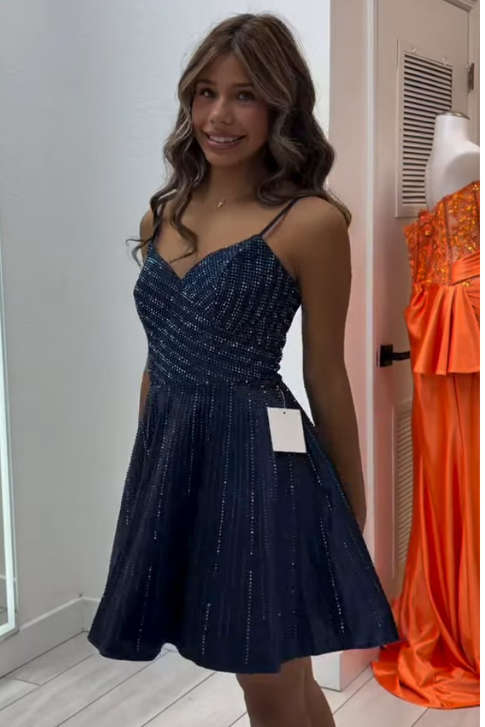 Sparkly Sequin Navy Spaghetti Straps Short Homecoming Dress A-Line Sleeveless Cocktail Dress