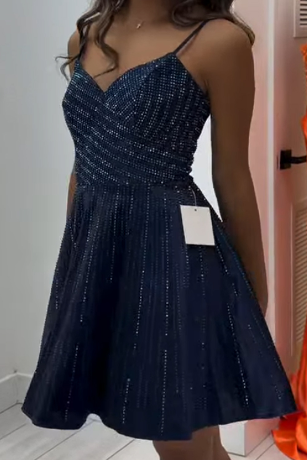 Sparkly Navy A-Line Spaghetti Straps Short Homecoming Dress