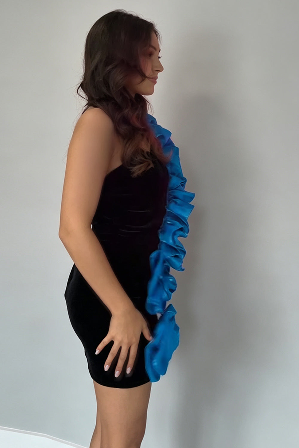 Blue Black Tight Ruffled One Shoulder Short Birthday Dress