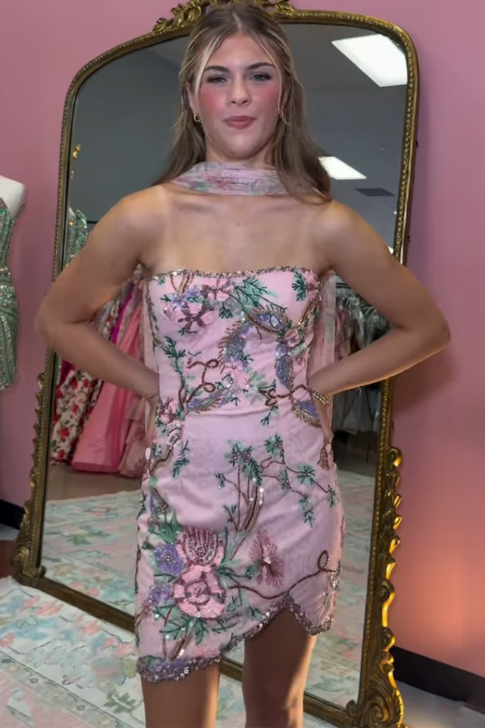 Pink Sheath Strapless Printed Short Homecoming Dress