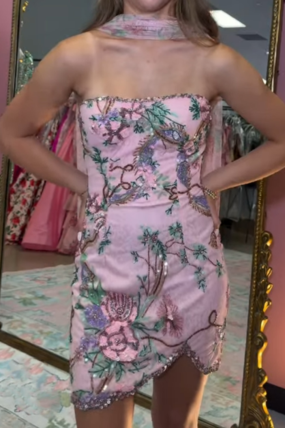 Pink Sheath Strapless Printed Short Homecoming Dress
