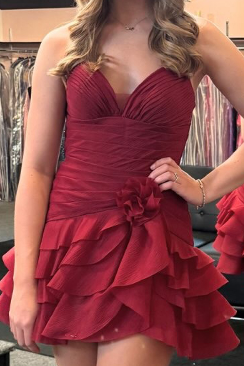 Brown Ruched Strapless Short Homecoming Dress with 3D Flower