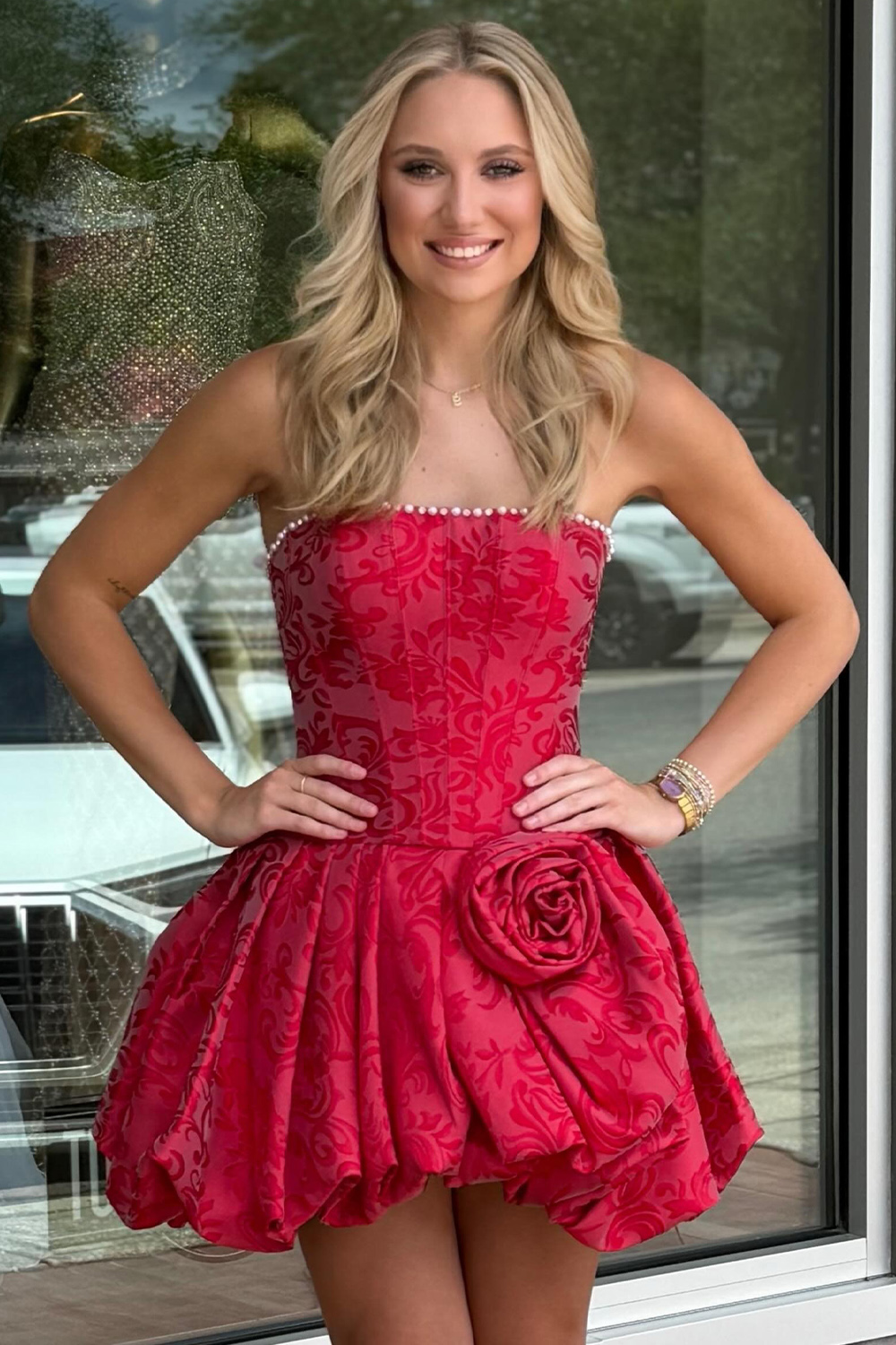 Red Printed Corset A-Line Short Homecoming Dress with Pearls Strapless Sleeveless Cocktail Dress with 3D Flower