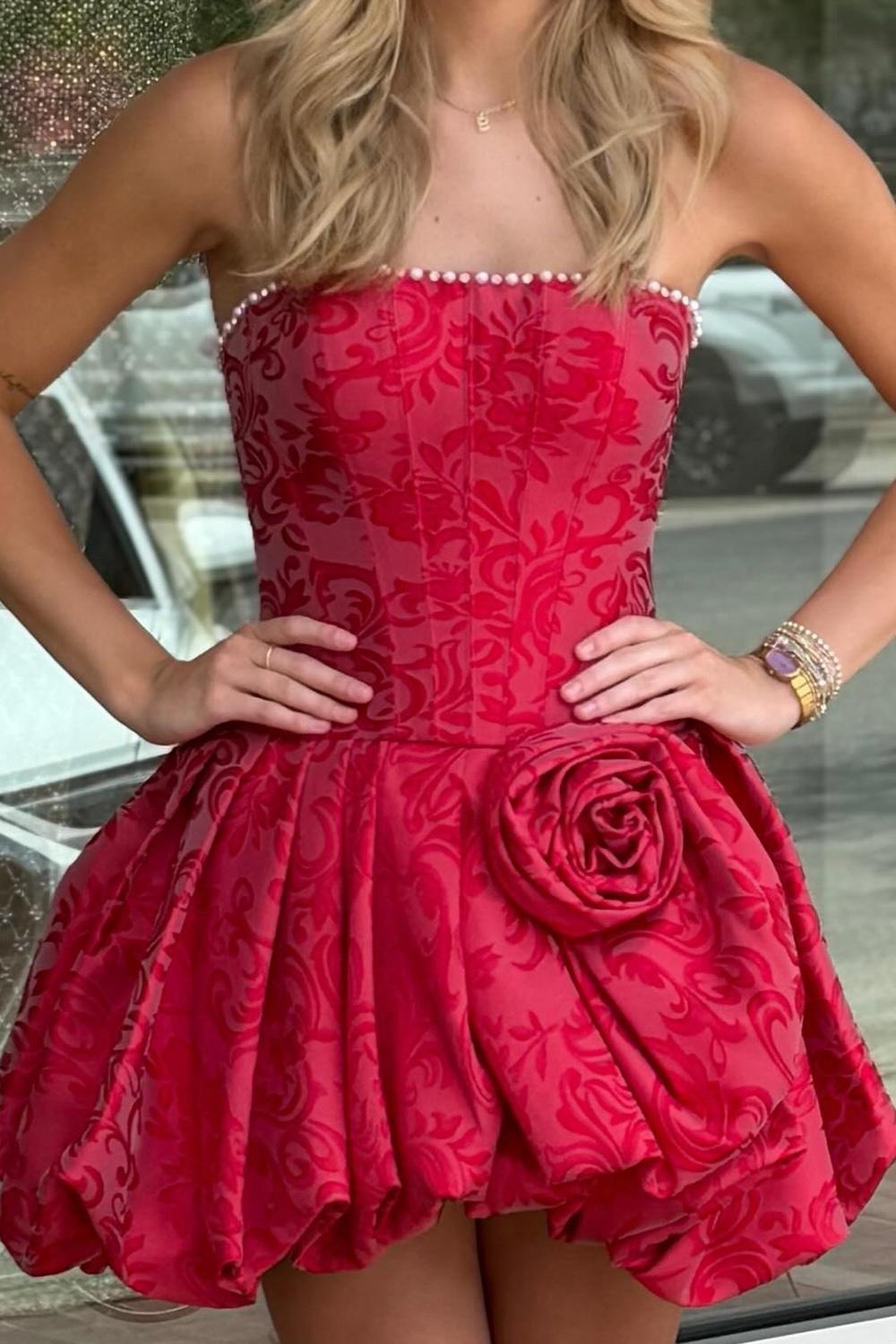 Red Corset Strapless Short Homecoming Dress with 3D Flower