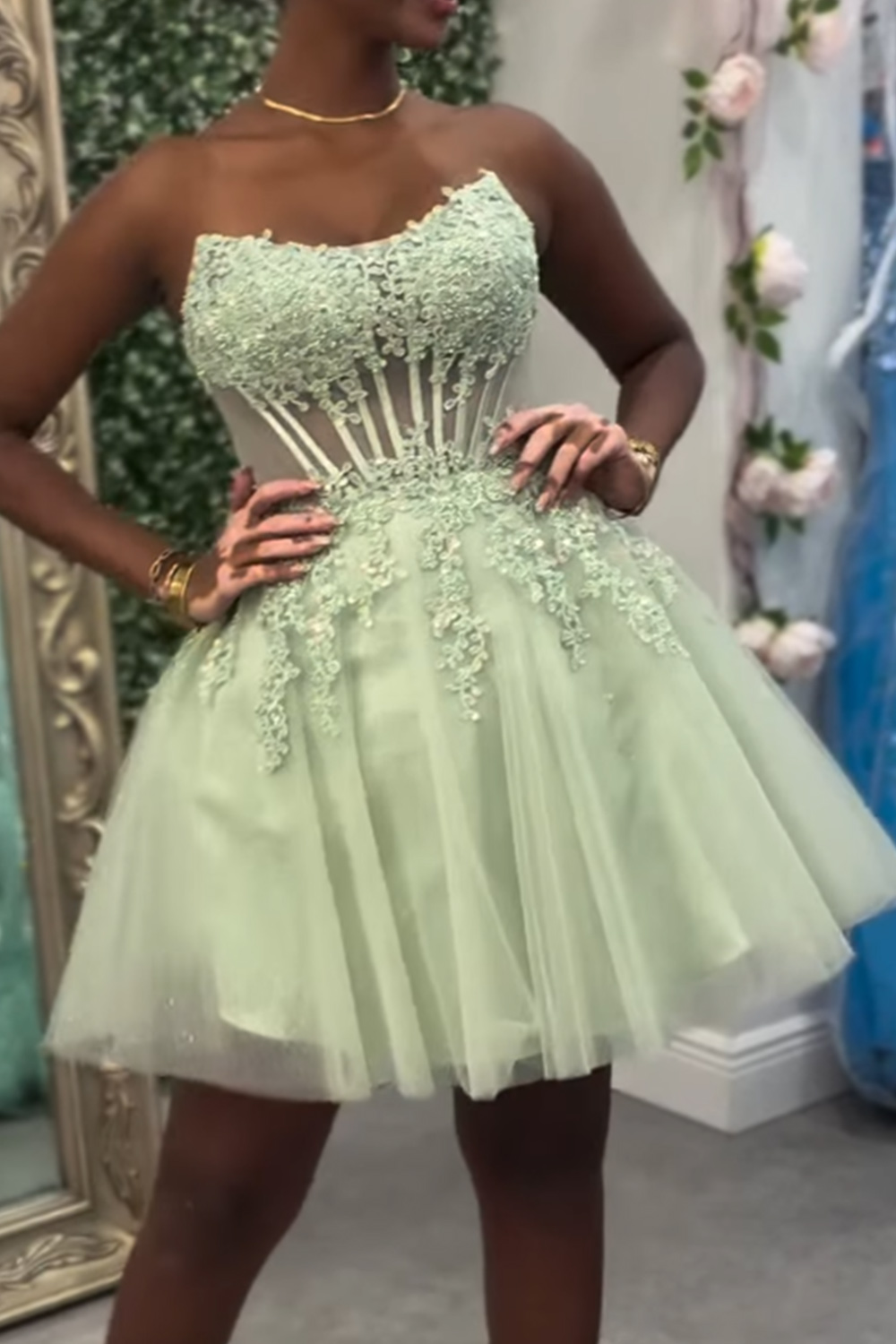 Berlinnova Women Sage Green Strapless Short Corset Birthday Dress with Lace Tulle A-Line Homecoming Dress