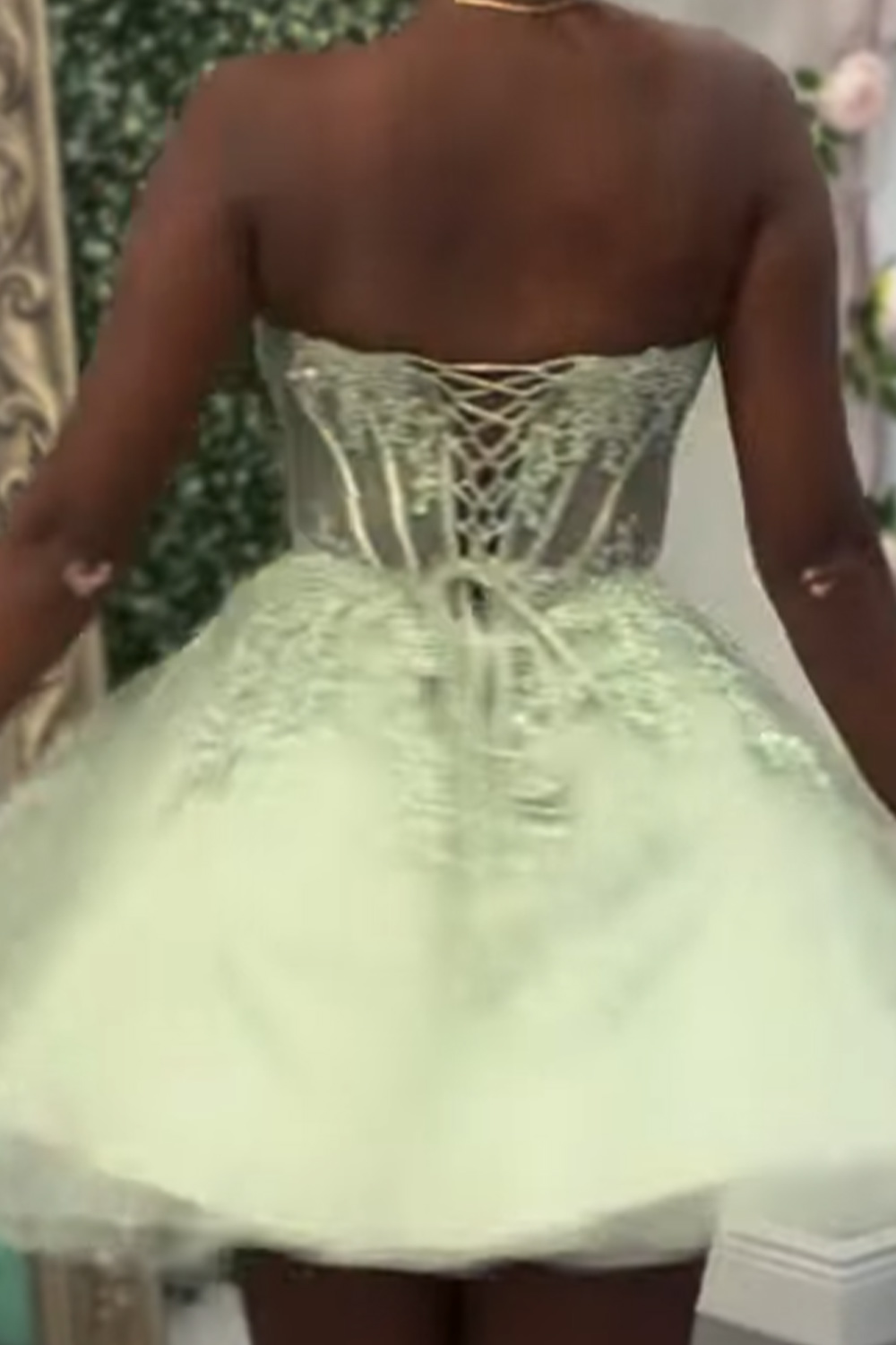 Sage Green Corset Strapless Short Homecoming Dress with Appliques