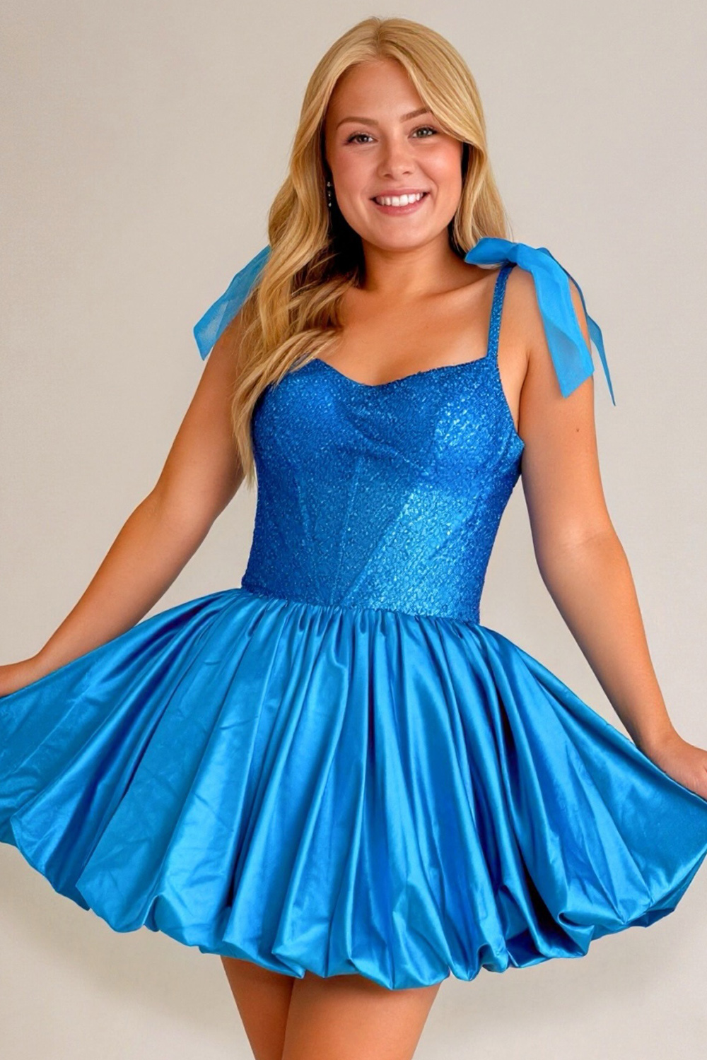 Blue Corset Sequins Sparkly Short Homecoming Dress A Line Spaghetti Straps Satin Cocktail Dress with Bow