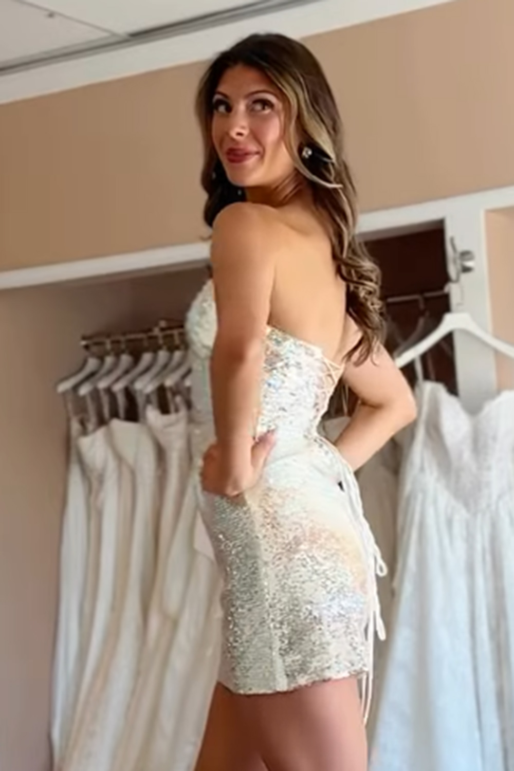 Sparkly Gold Sequins Bodycon Strapless Short Homecoming Dress