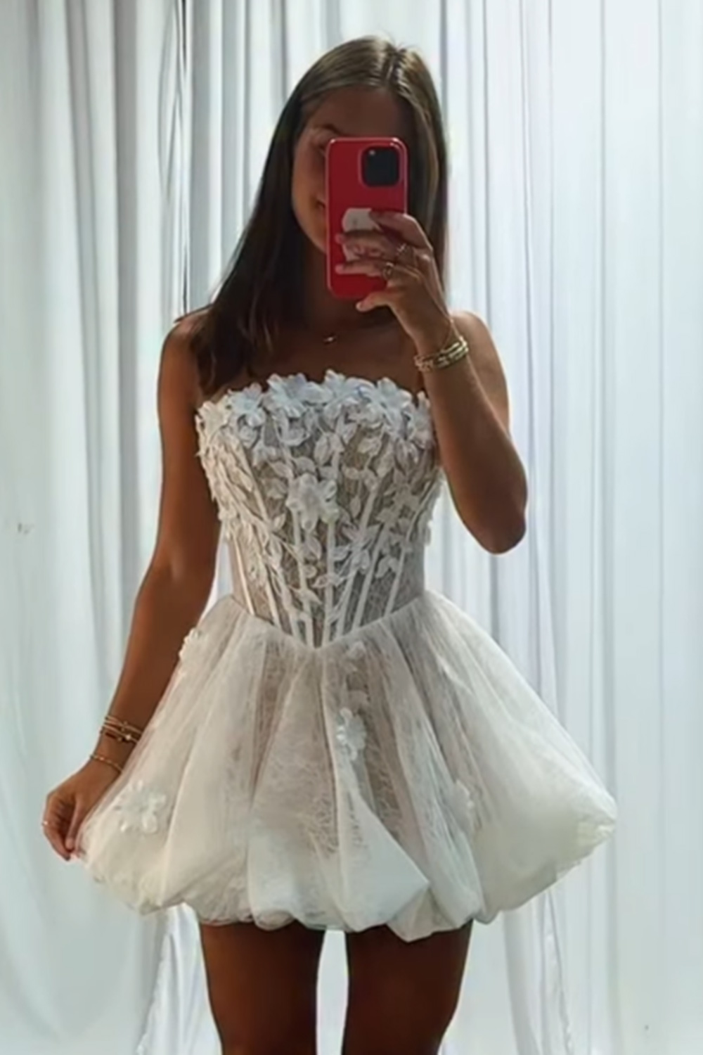 White Floral Corset Short Homecoming Dress A-Line Strapless Sleeveless Tulle Cocktail Dress