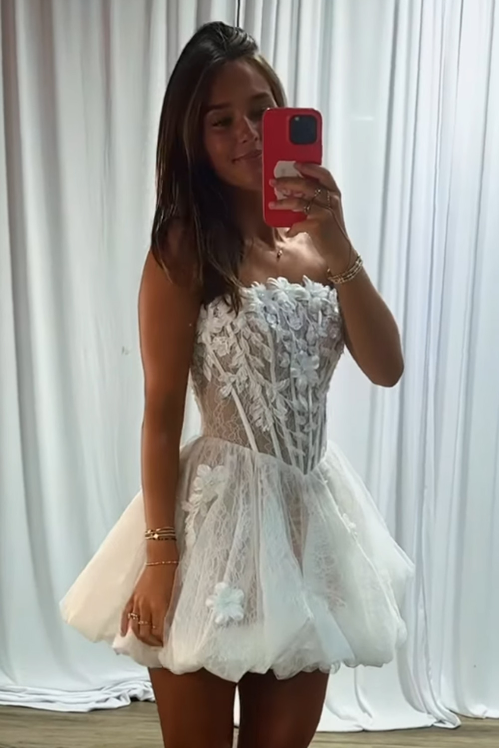 White Corset Strapless Floral Short Homecoming Dress