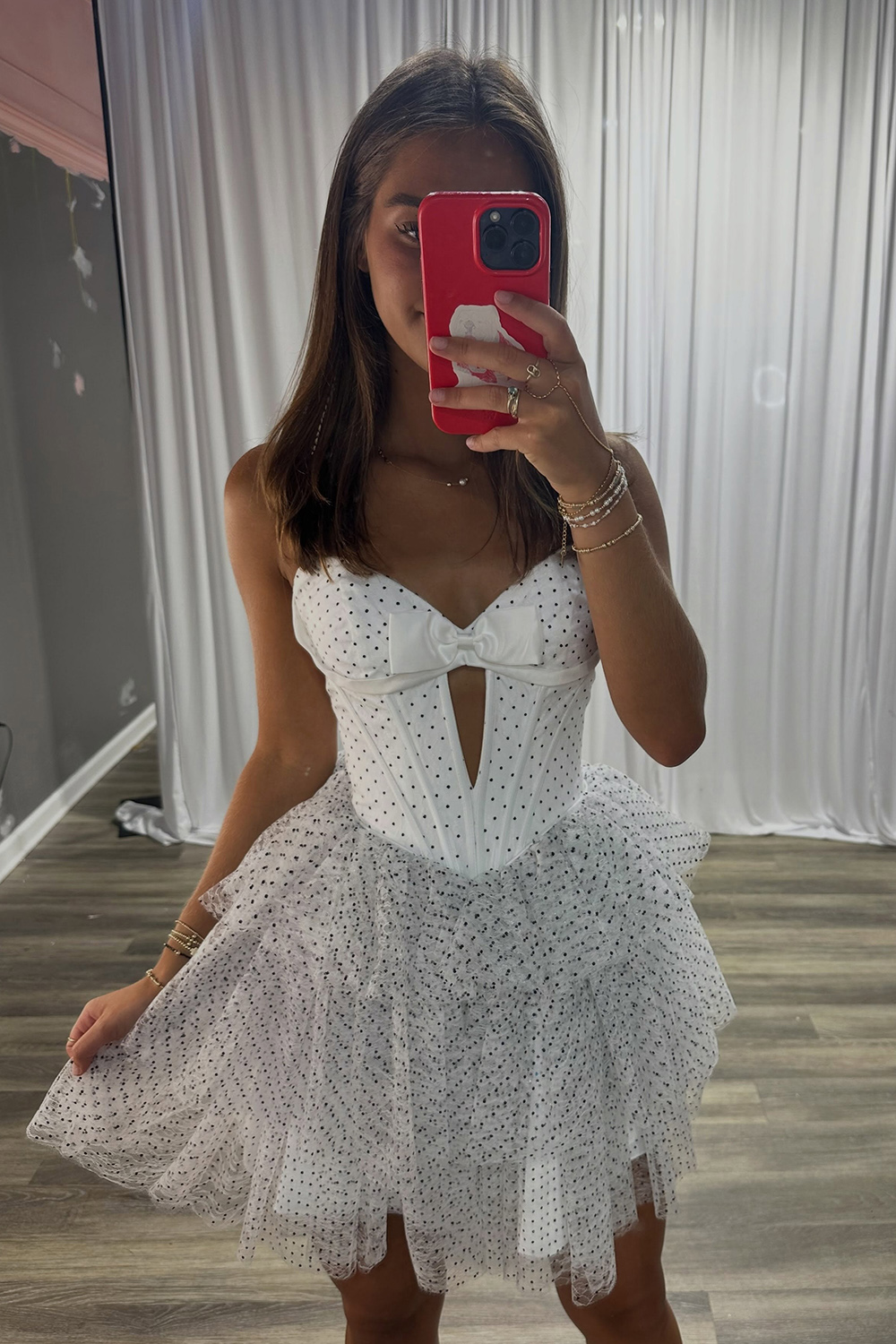 White Corset A-Line Keyhole Short Polka Dot Homecoming Dress Strapless Sleeveless Ruffled Cocktail Dress with Bow