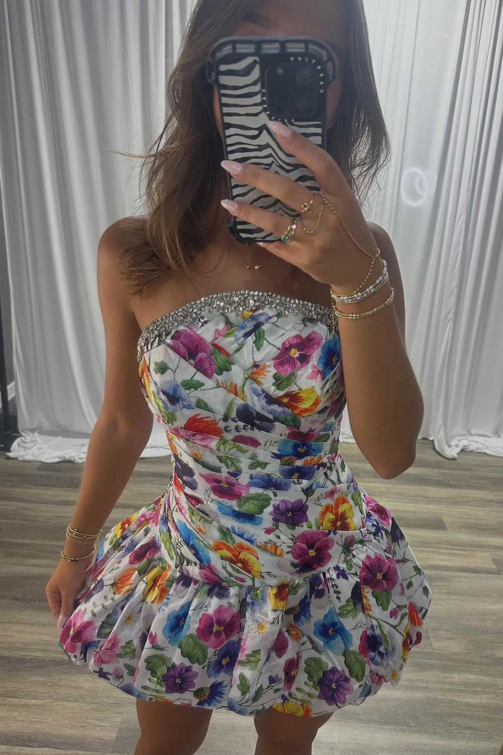 White Printed Floral Strapless Short Homecoming Dress A-Line Sleeveless Ruched Cocktail Dress with Beading