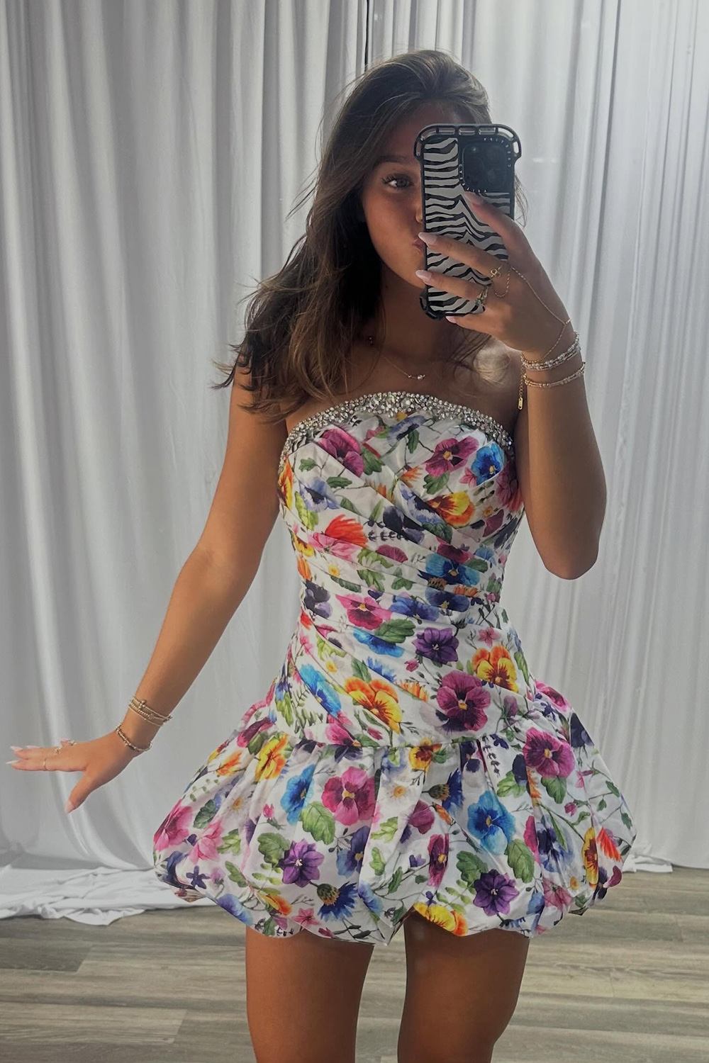 White Strapless Ruched Short Homecoming Dress with Beading