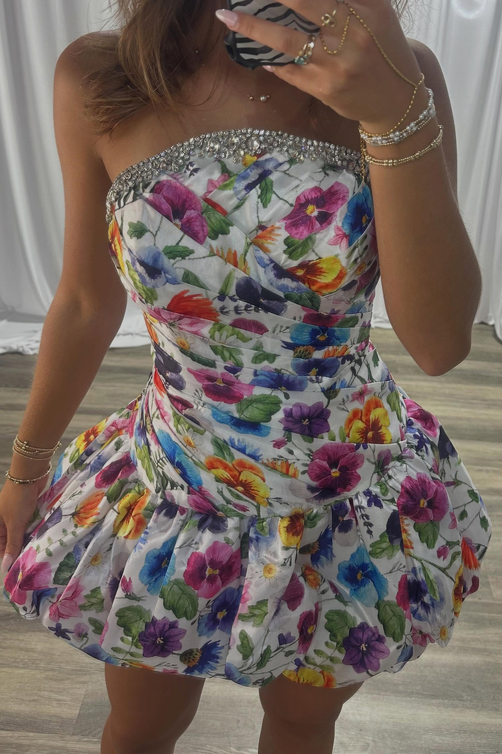 White Strapless Ruched Short Homecoming Dress with Beading