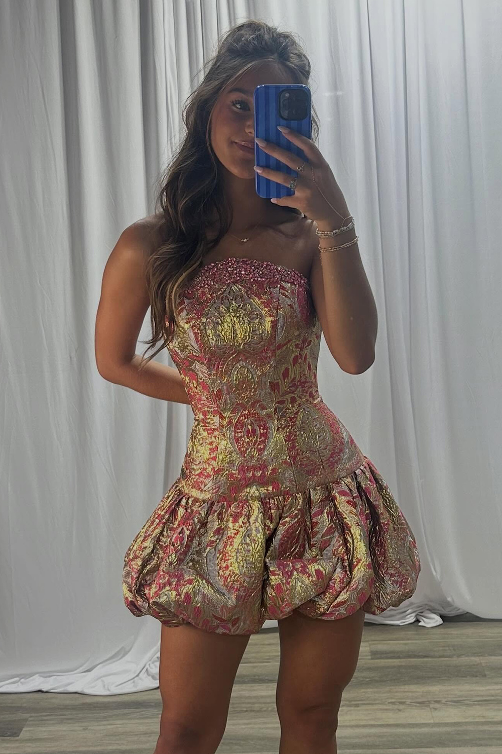 Gold Bodycon Strapless Short Homecoming Dress Beaded Sleeveless Jacquard Cocktail Dress