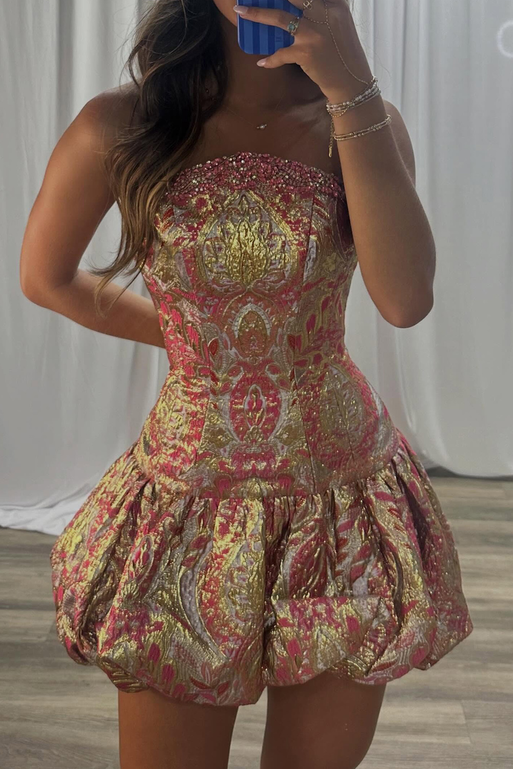 Gold Strapless Bodycon Short Homecoming Dress with Beading