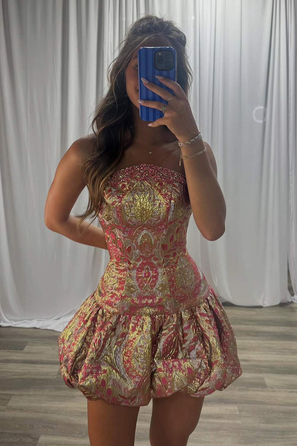 Gold Strapless Bodycon Short Homecoming Dress with Beading