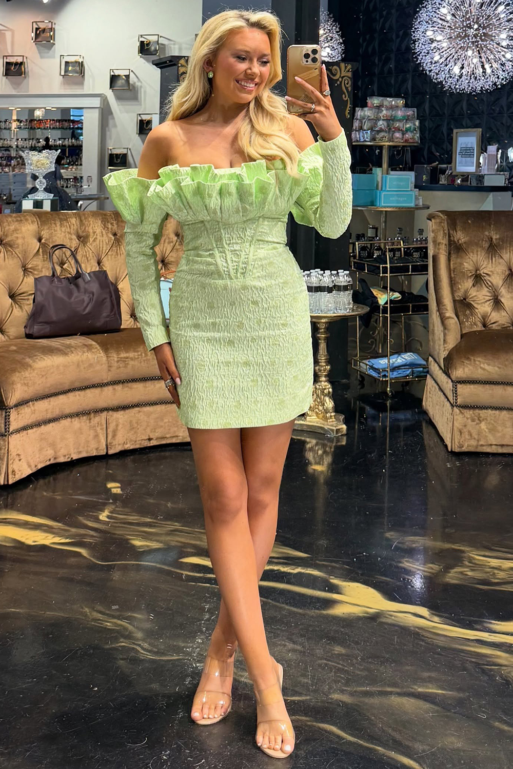 Green Corset Bodycon Short Homecoming Dress Off the Shoulder Long Sleeves Ruffled Cocktail Dress