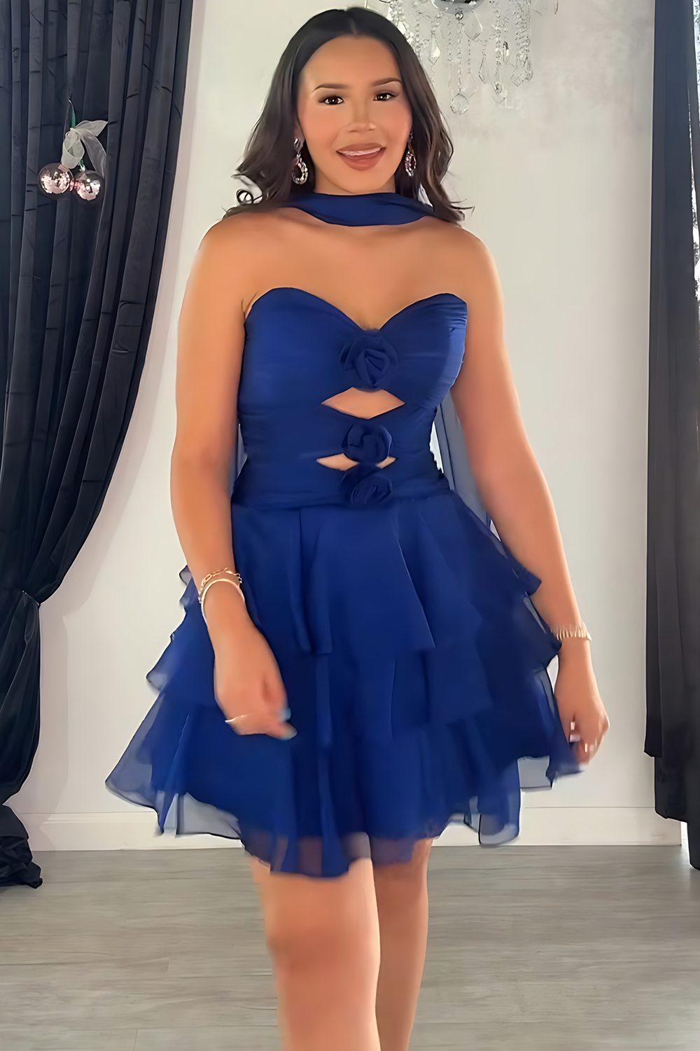 Navy A-Line Sweetheart Ruffled Short Homecoming Dress Neck Scarf Sleeveless Keyhole Tiered Cocktail Dress with 3D Flower