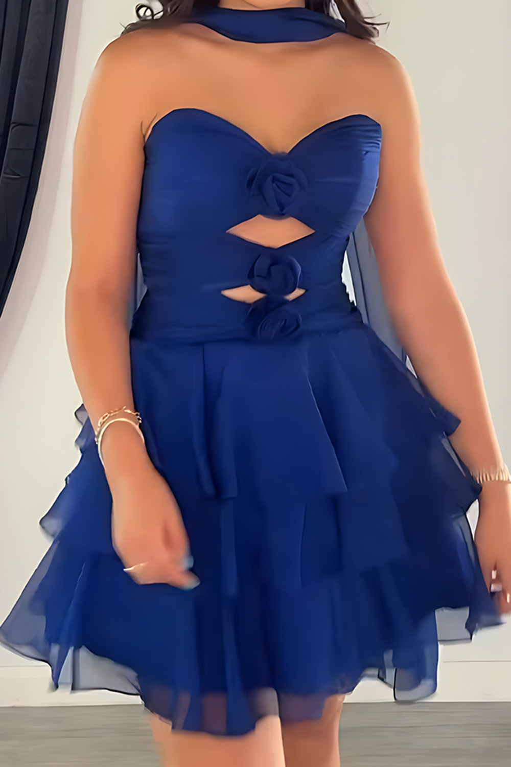 Navy Tiered A Line Keyhole Short Homecoming Dress with 3D Flower