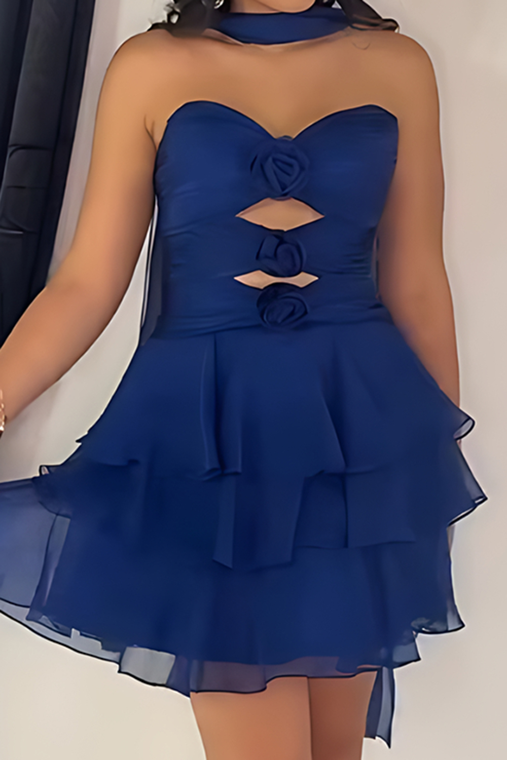 Navy Tiered A Line Keyhole Short Homecoming Dress with 3D Flower