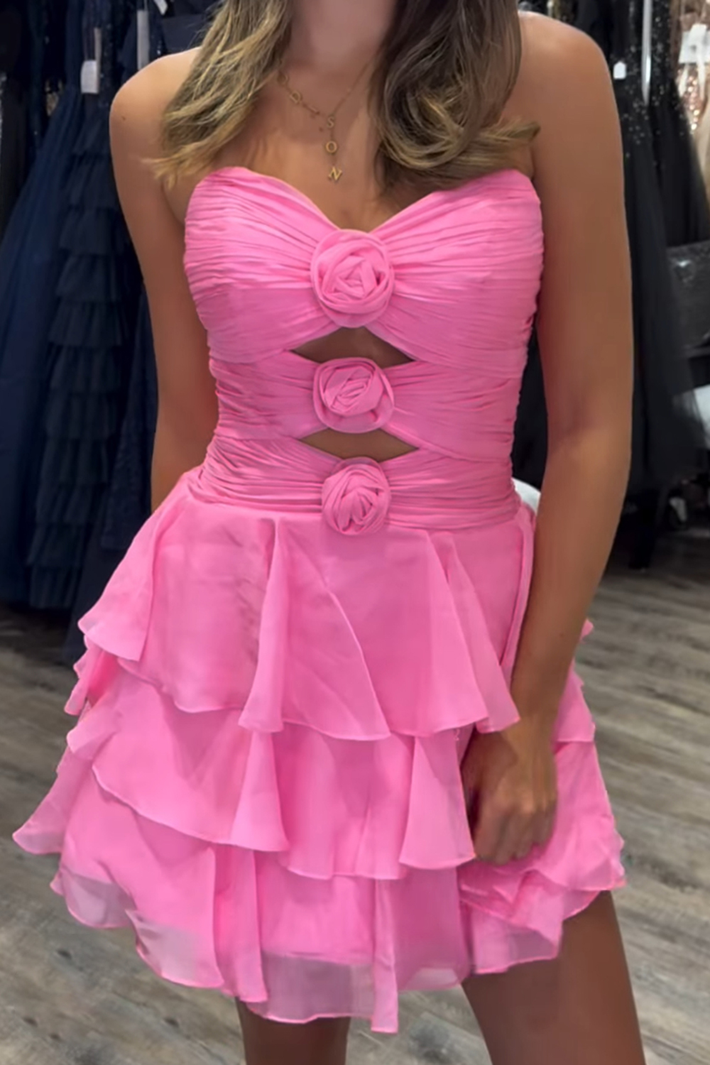 Navy Tiered A Line Keyhole Short Homecoming Dress with 3D Flower