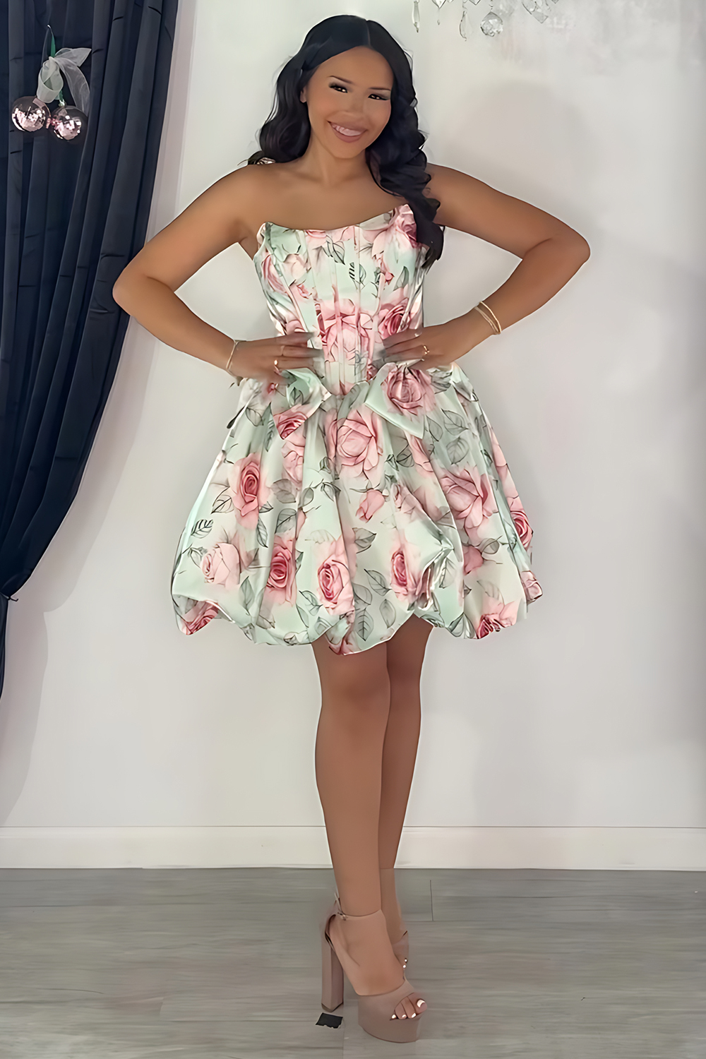Berlinnova Light Green Short Floral Corset Birthday Dress with Bows A-Line Strapless Satin Homecoming Dress