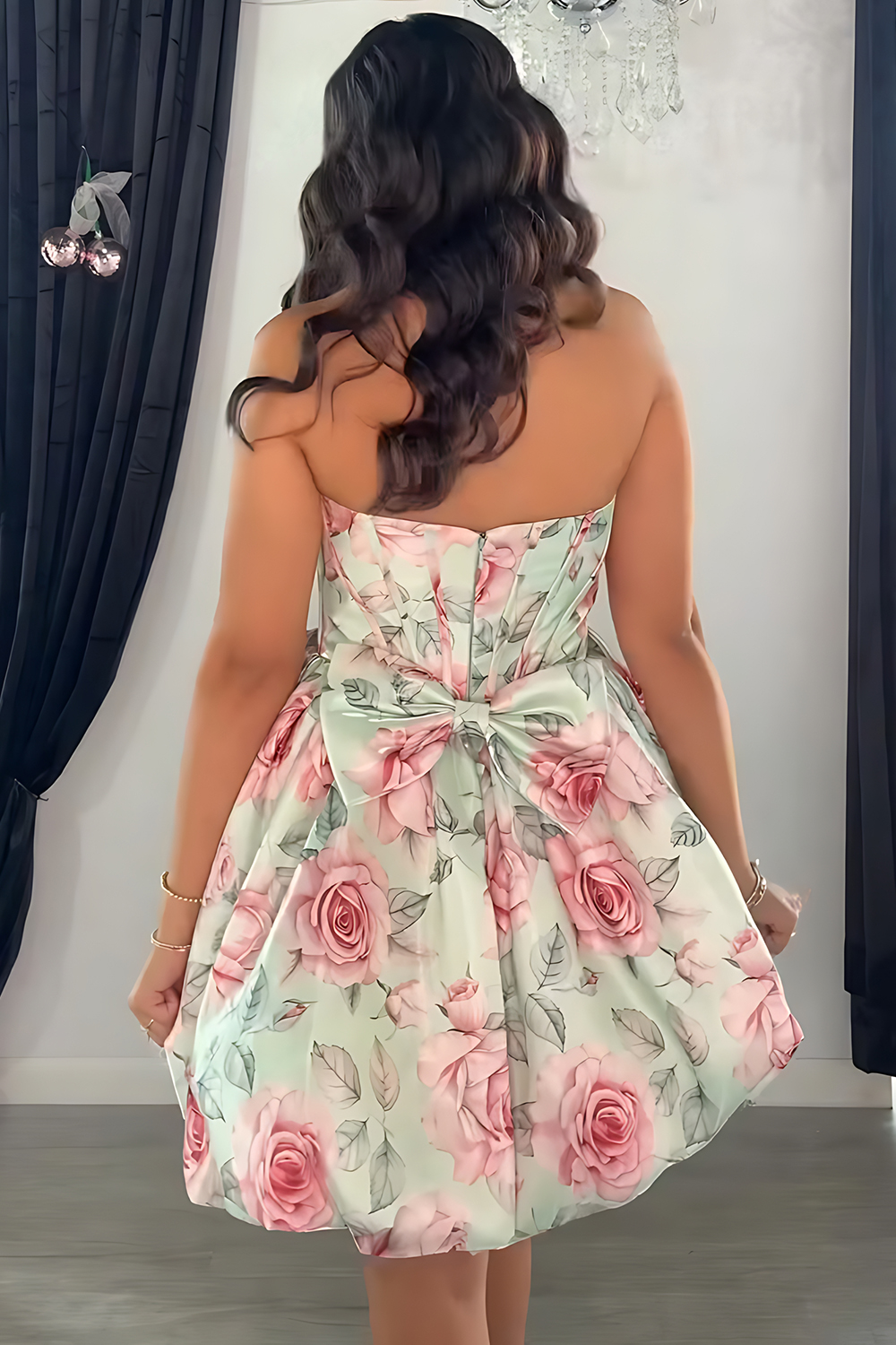 Light Green Floral Corset Strapless Printed Short Homecoming Dress