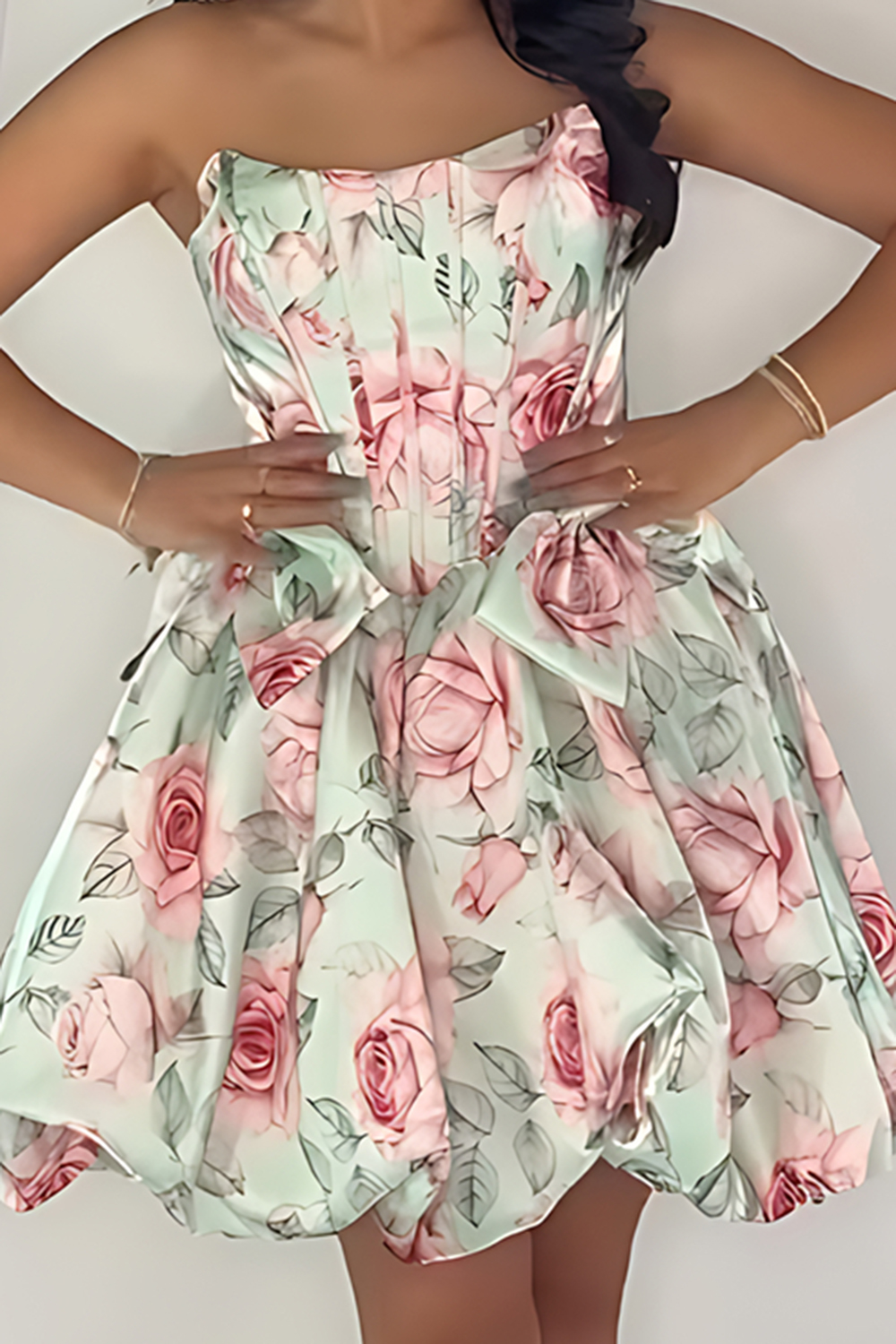 Light Green Floral Corset Strapless Printed Short Homecoming Dress