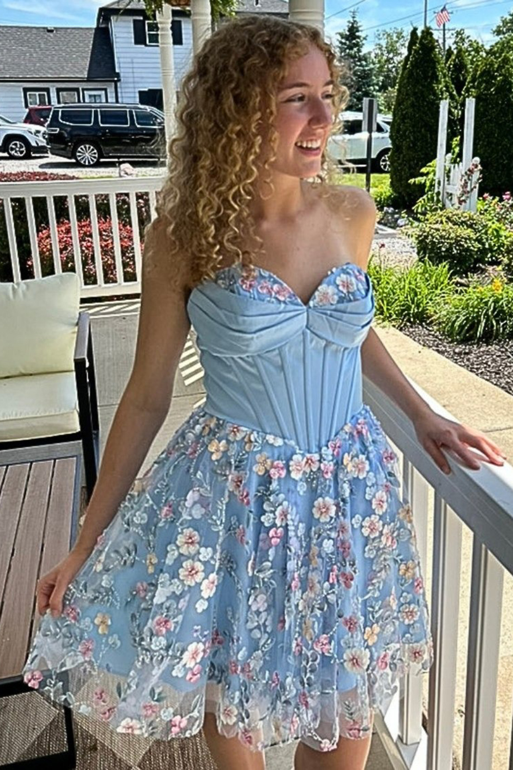 Blue Floral Corset Short Homecoming Dress A-Line Sweetheart Sleeveless Cocktail Dress