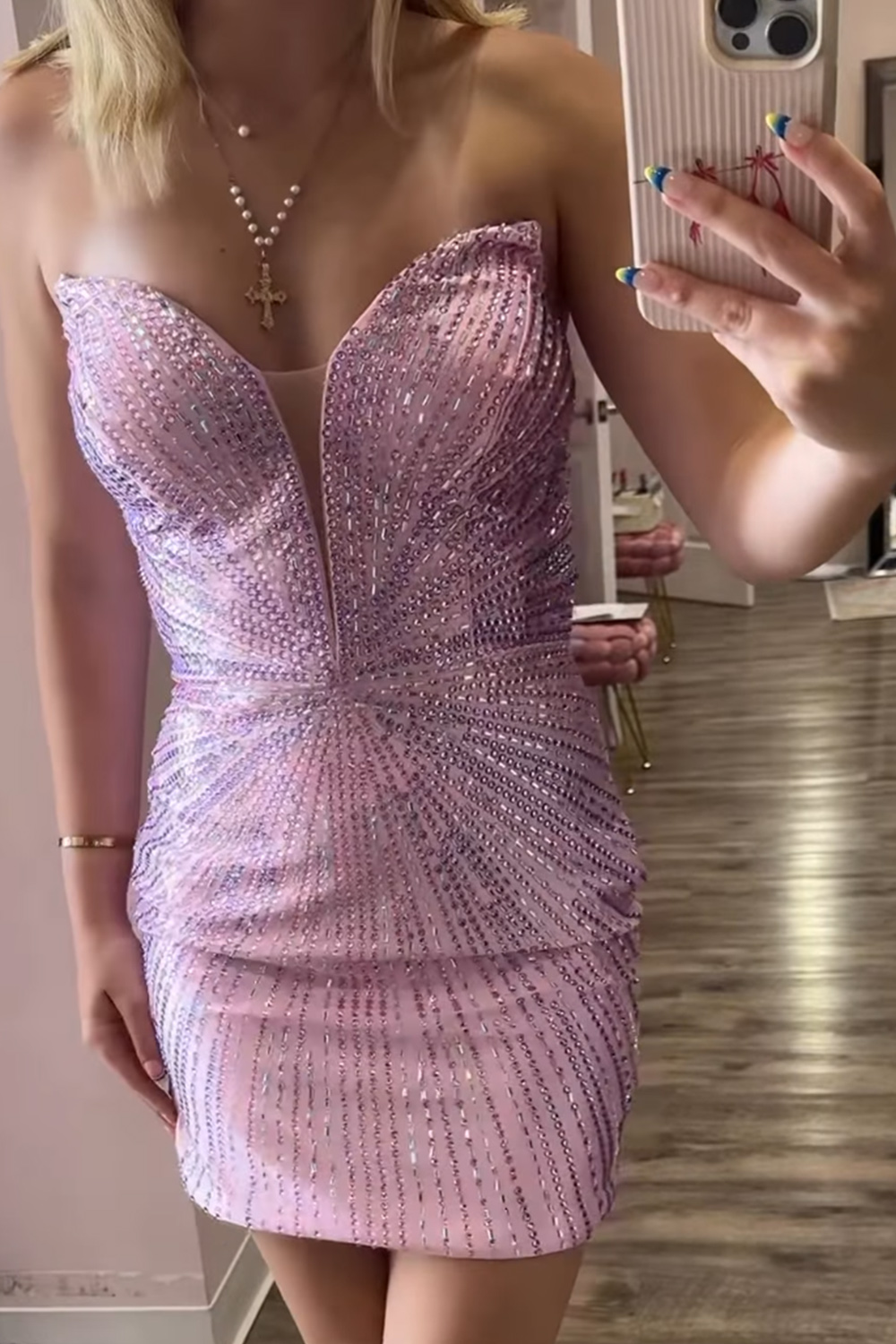 Sparkly Beaded Pink Short Homecoming Dress Bodycon Strapless Sleeveless Cocktail Dress