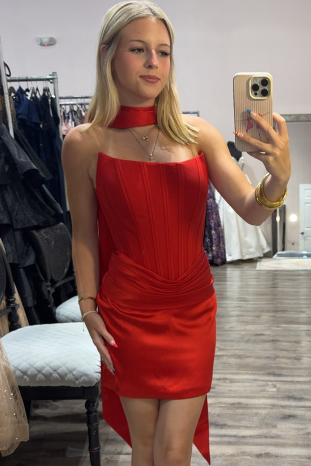 Red Corset Satin Neck Scarf Short Homecoming Dress Bodycon Strapless Sleeveless Ruched Cocktail Dress