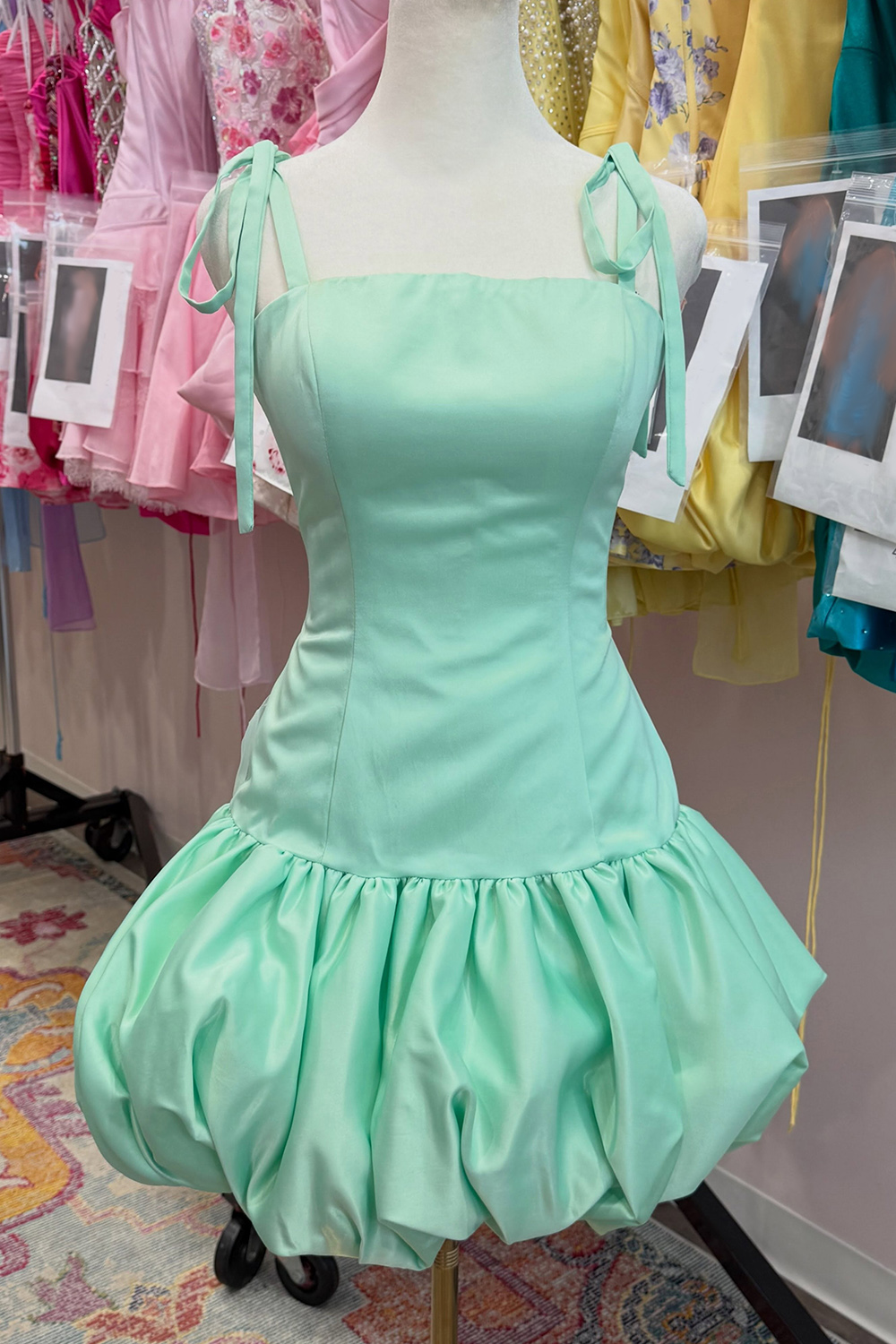 Mint A-Line Satin Short Homecoming Dress Square Neck Ruched Bubble Cocktail Dress with Bows