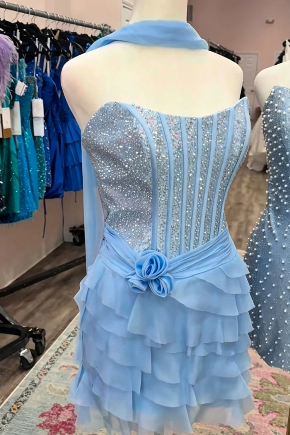 Sparkly Sequin Ruffled Light Blue Corset Beaded Short Homecoming Dress Neck Scarf Chiffon Bodycon Strapless Sleeveless Tiered Cocktail Dress with 3D Flowers