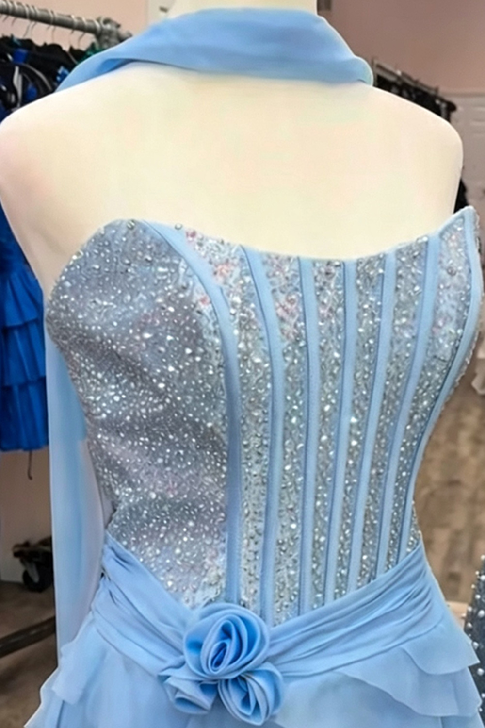Light Blue Corset Strapless Ruffled Short Homecoming Dress with 3D Flowers