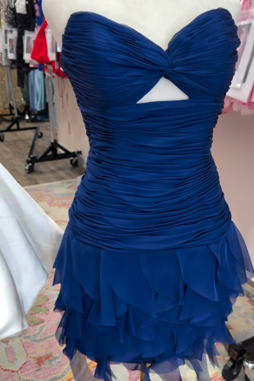 Navy Strapless Ruffled Ruched Short Homecoming Dress Chiffon Sleeveless Bodycon Keyhole Cocktail Dress