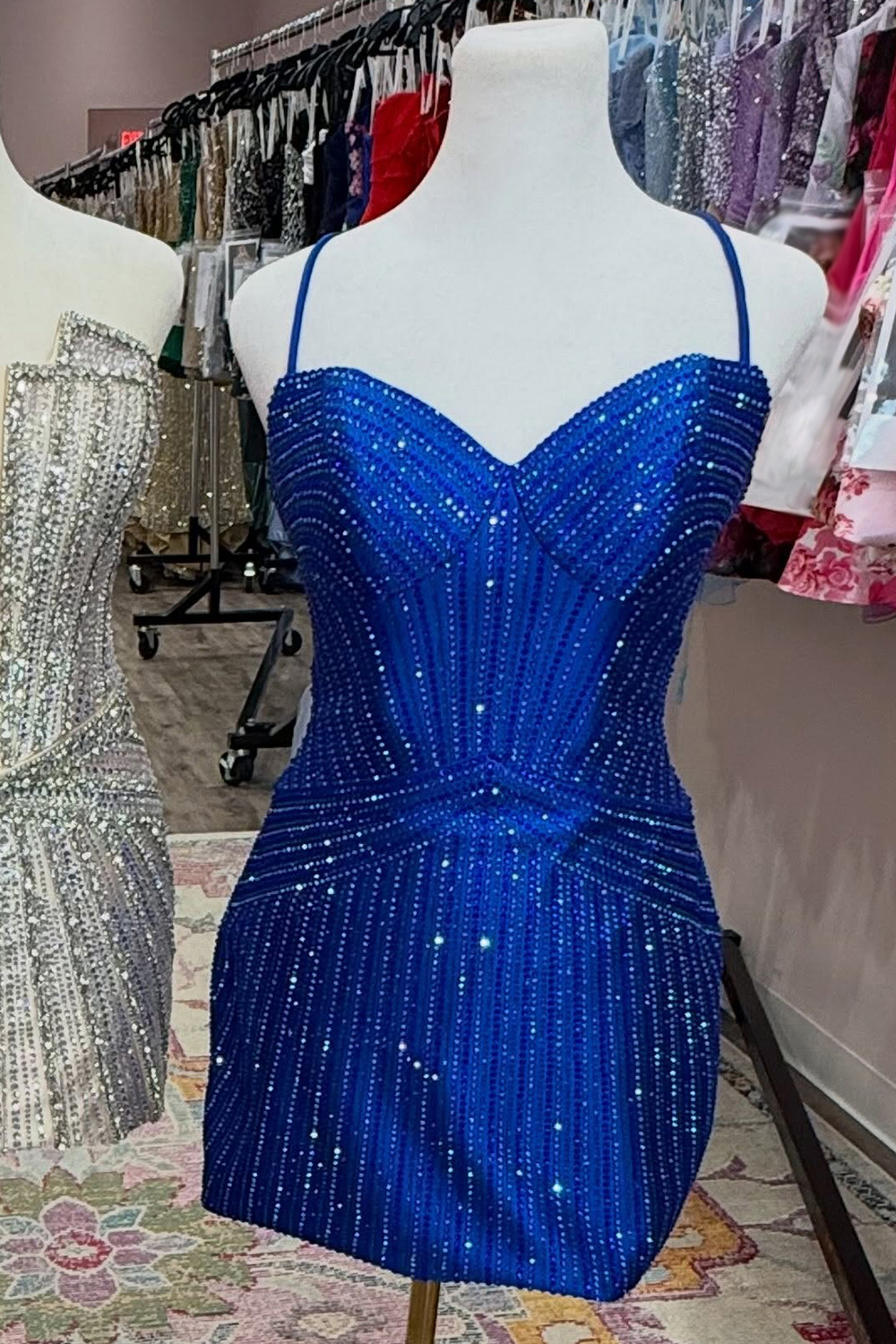 Sparkly Royal Blue Beaded Short Homecoming Dress Bodycon Spaghetti Straps Cocktail Dress