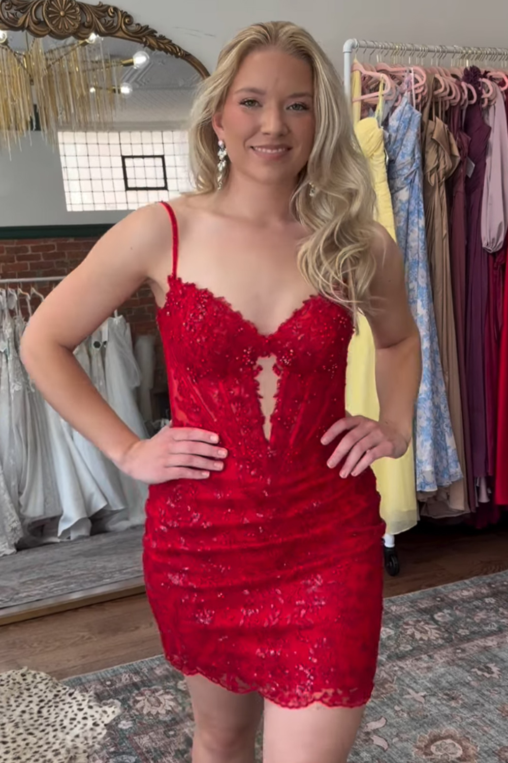 Red Corset Sparkly Sequin Floral Short Homecoming Dress Bodycon Spaghetti Straps Sleeveless Ruched Lace Keyhole Beaded Cocktail Dress