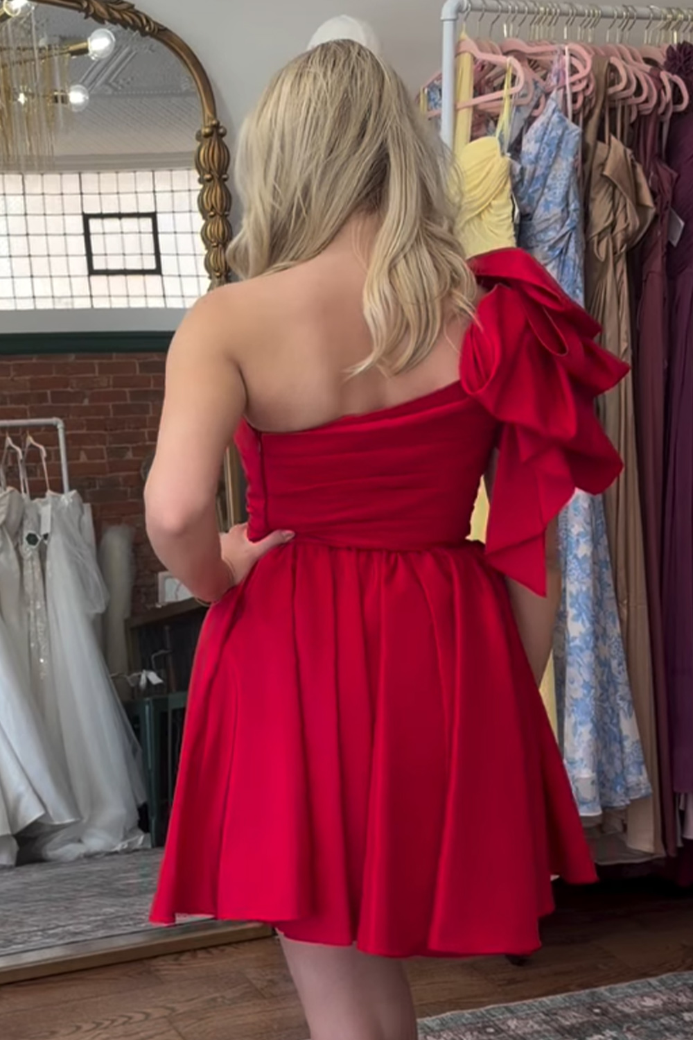 Red A Line One Shoulder Short Homecoming Dress with Bow