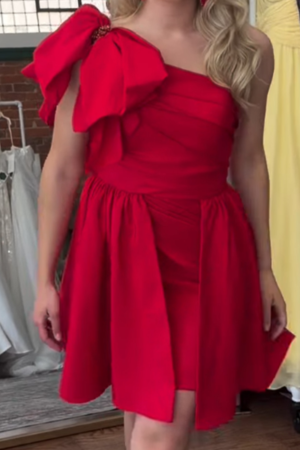 Red A Line One Shoulder Short Homecoming Dress with Bow