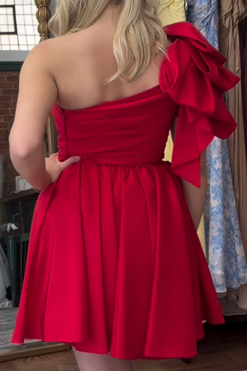 Red A Line One Shoulder Short Homecoming Dress with Bow