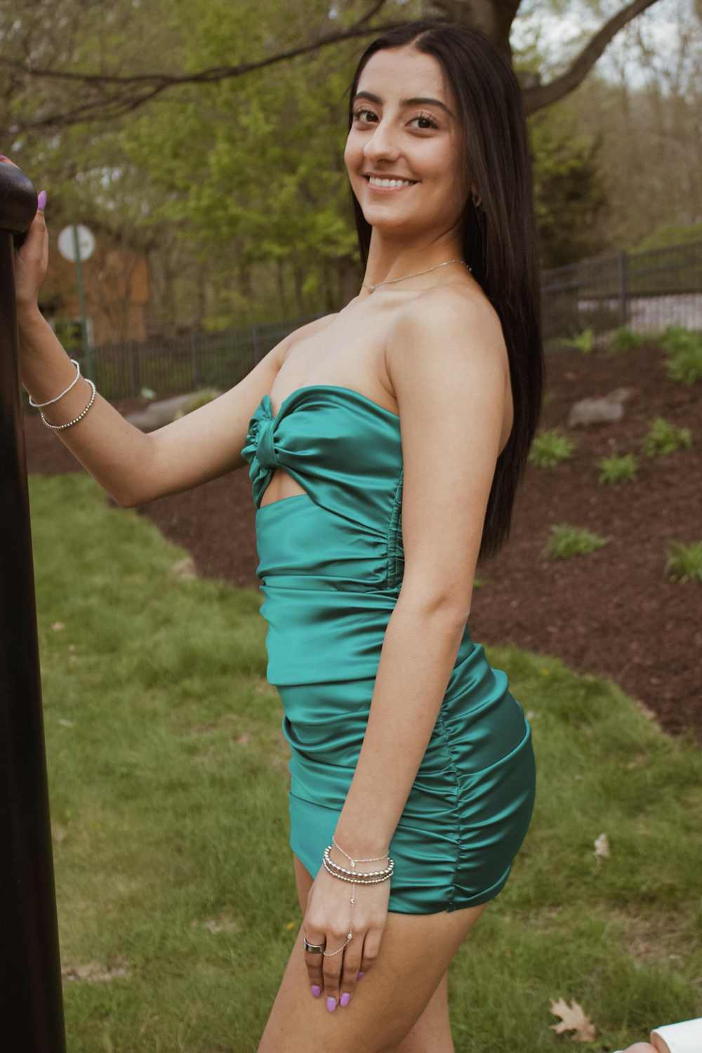 Green Satin Bodycon Strapless Short Homecoming Dress Sleeveless Keyhole Ruched Cocktail Dress