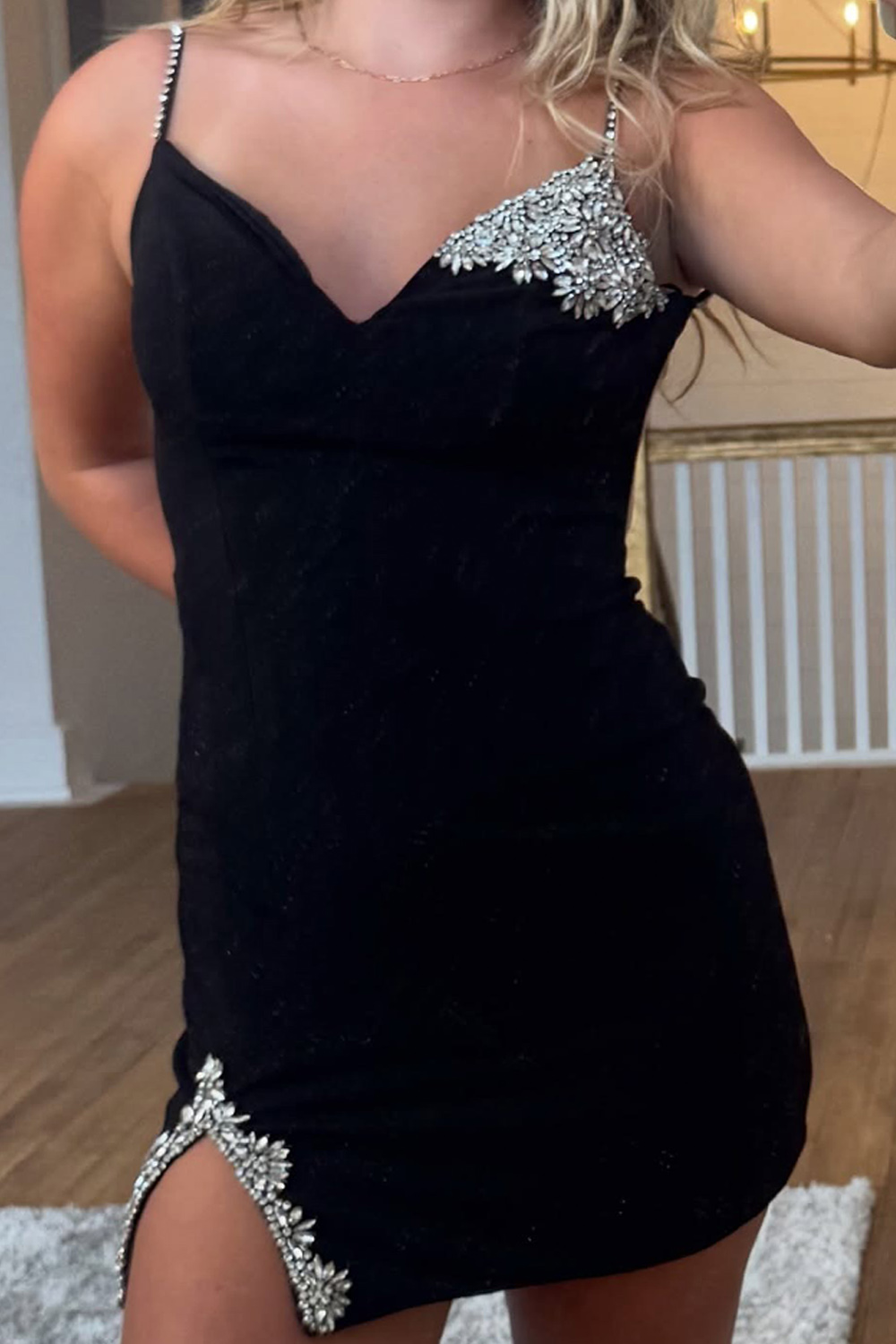 Black Bodycon Spaghetti Straps Short Homecoming Dress with Slit