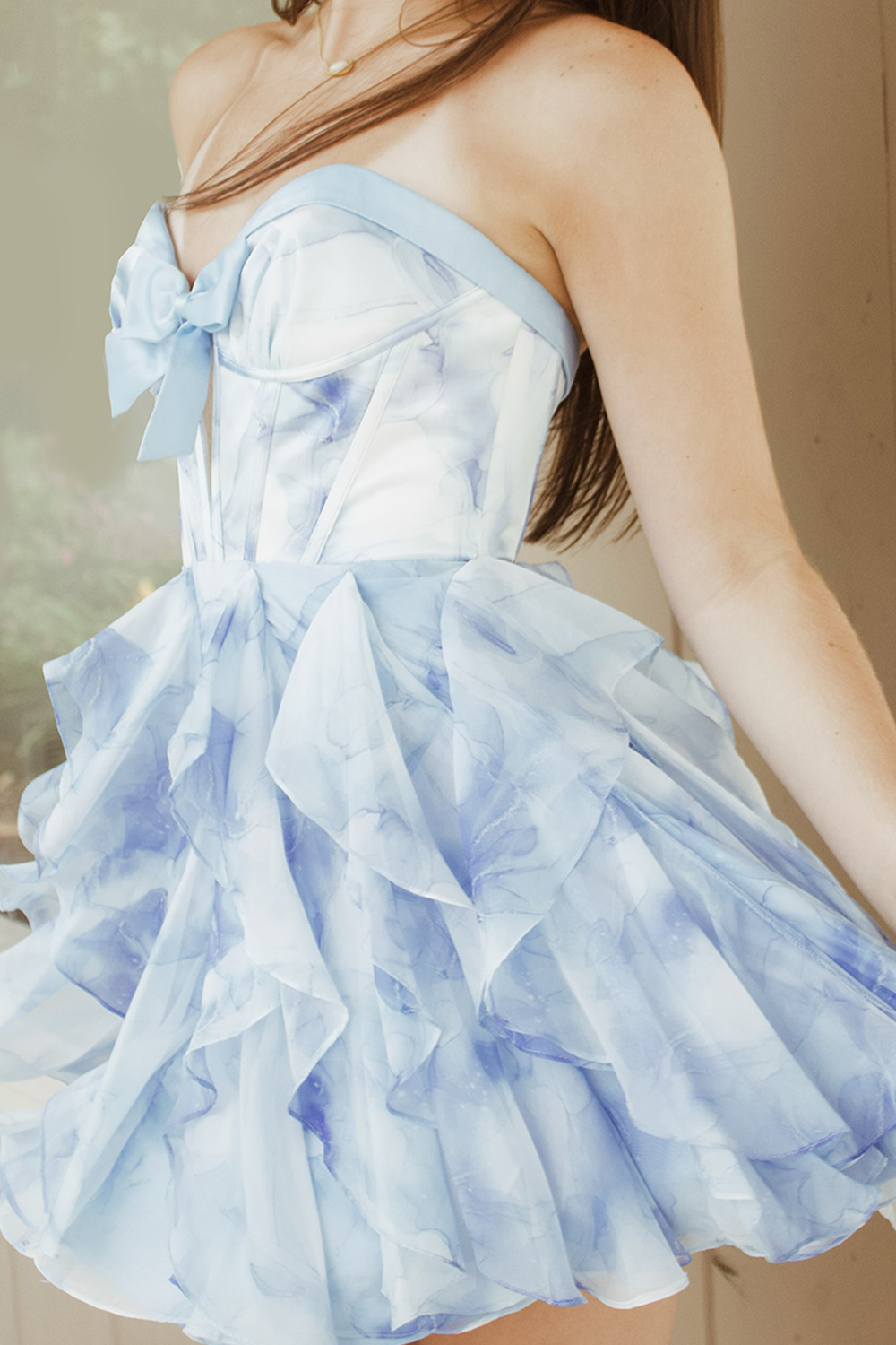 Blue Corset Sweetheart Ruffled Short Homecoming Dress with Bow
