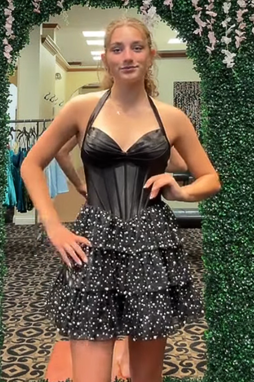 Black Beaded A-Line Halter Corset Short Homecoming Dress Sleeveless Tiered Satin Cocktail Dress with Pearls