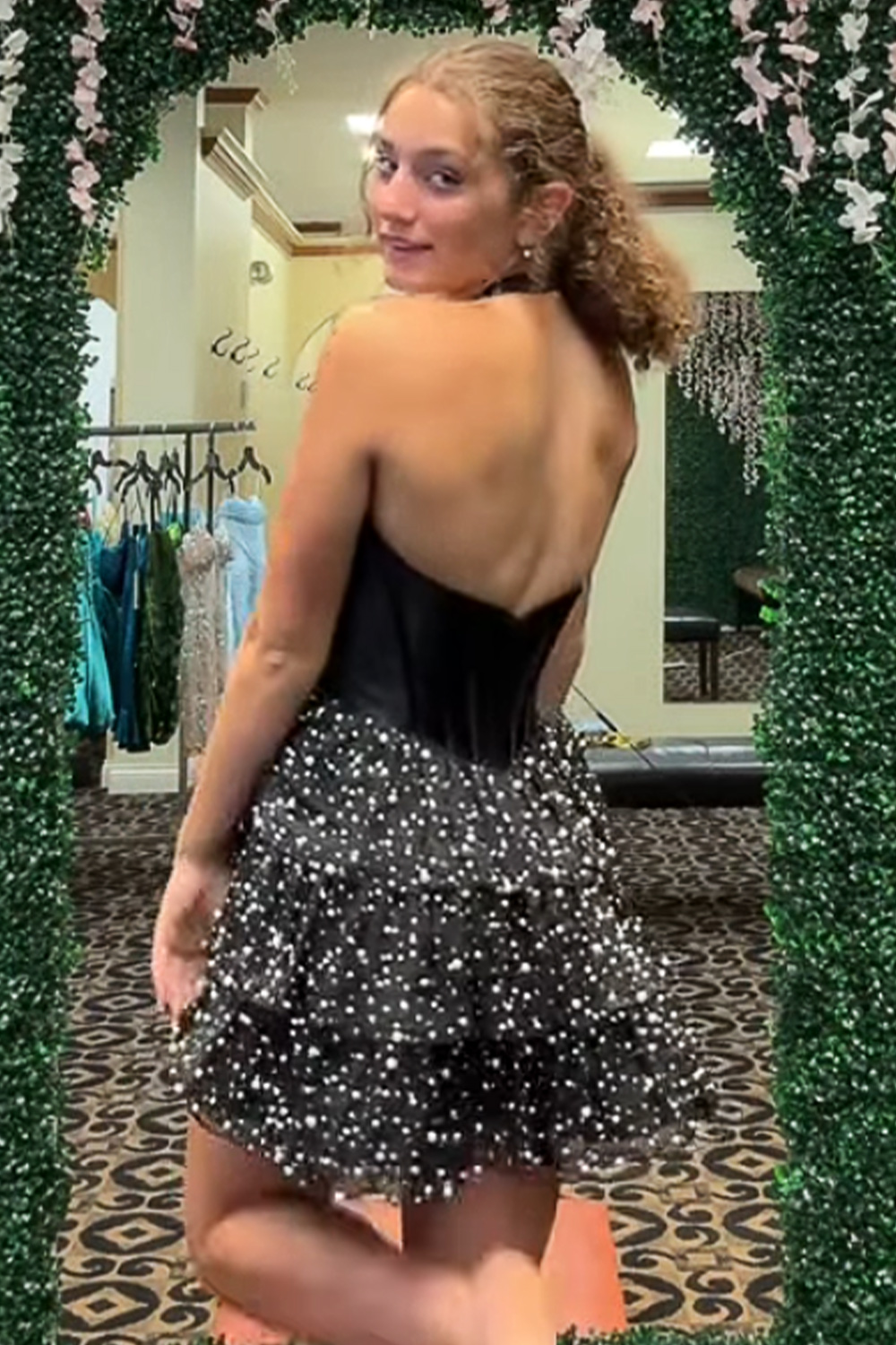 Black Corset Halter Tiered Short Homecoming Dress