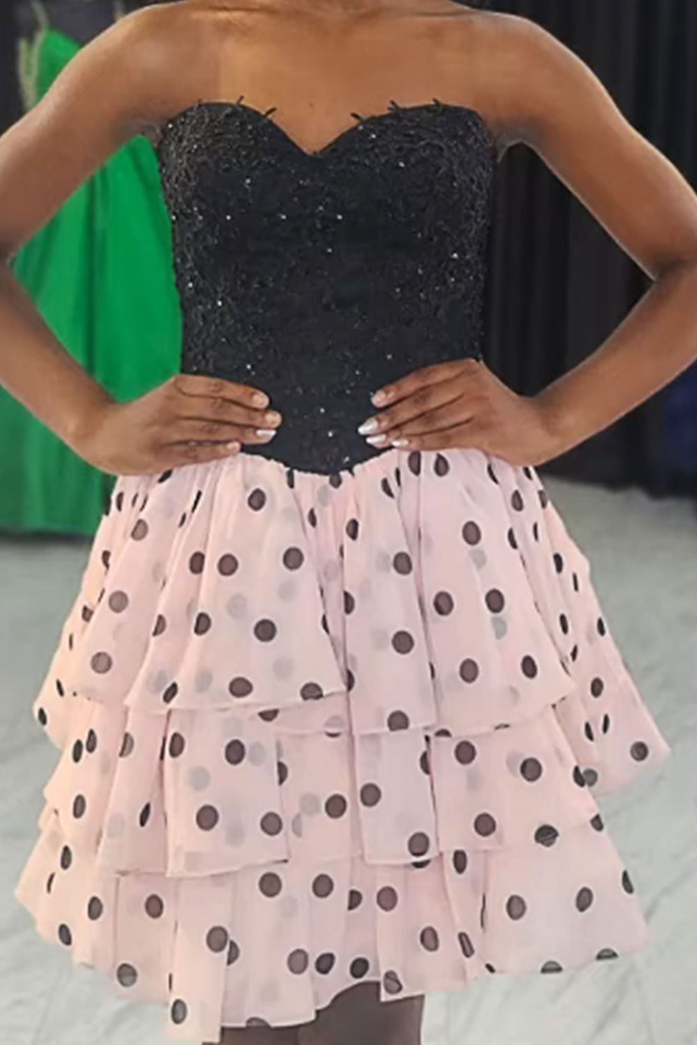 Pink and Black Sweetheart Tiered Short Homecoming Dress with Beading