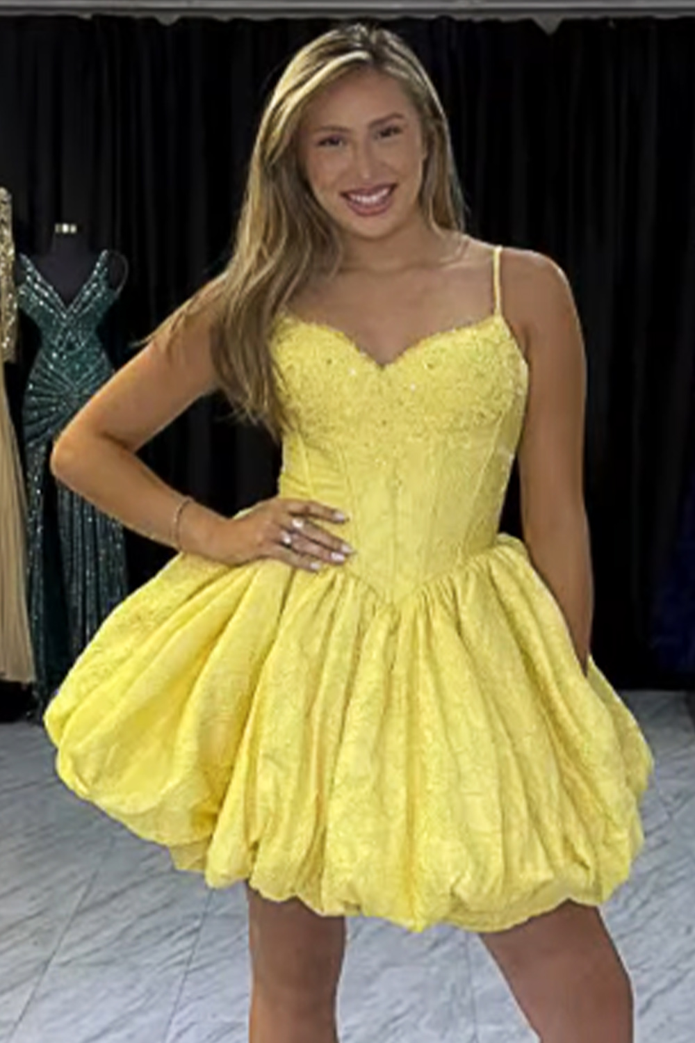 Yellow Corset Beaded Short Homecoming Dress Spaghetti Straps A Line Cocktail Dress