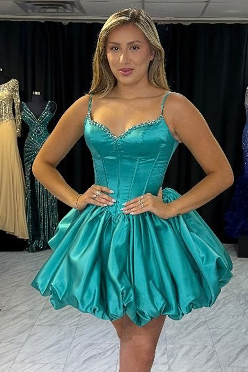 Peacock Green Corset Satin A-Line Short Homecoming Dress Spaghetti Straps Sleeveless Ruched Cocktail Dress with Beading