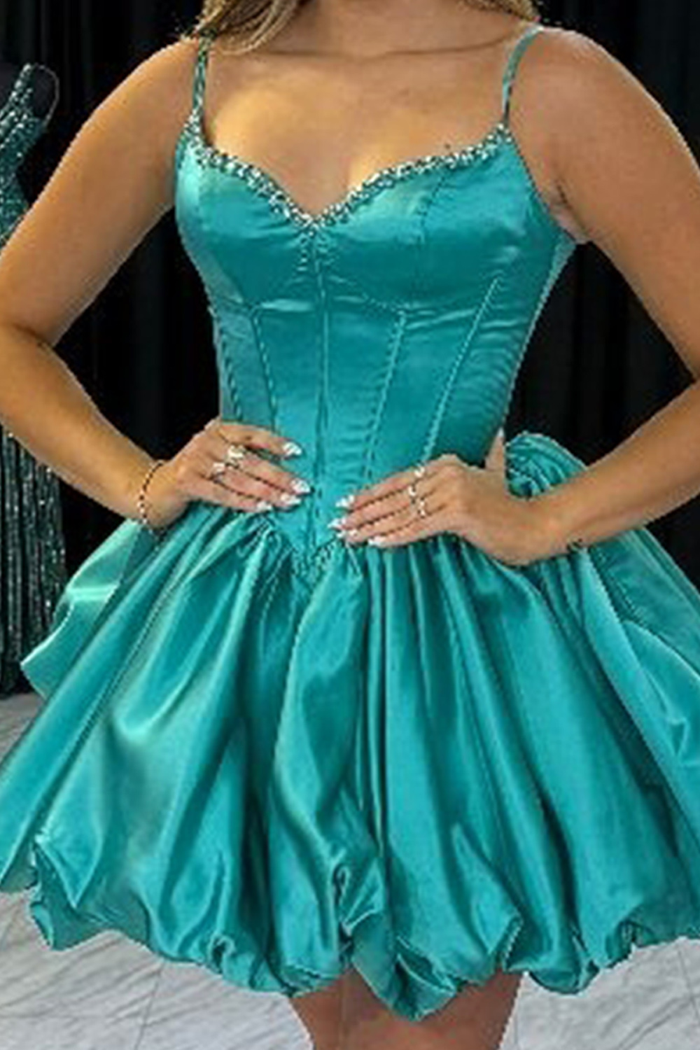 Peacock Green Corset Satin Ruched Short Homecoming Dress with Beading